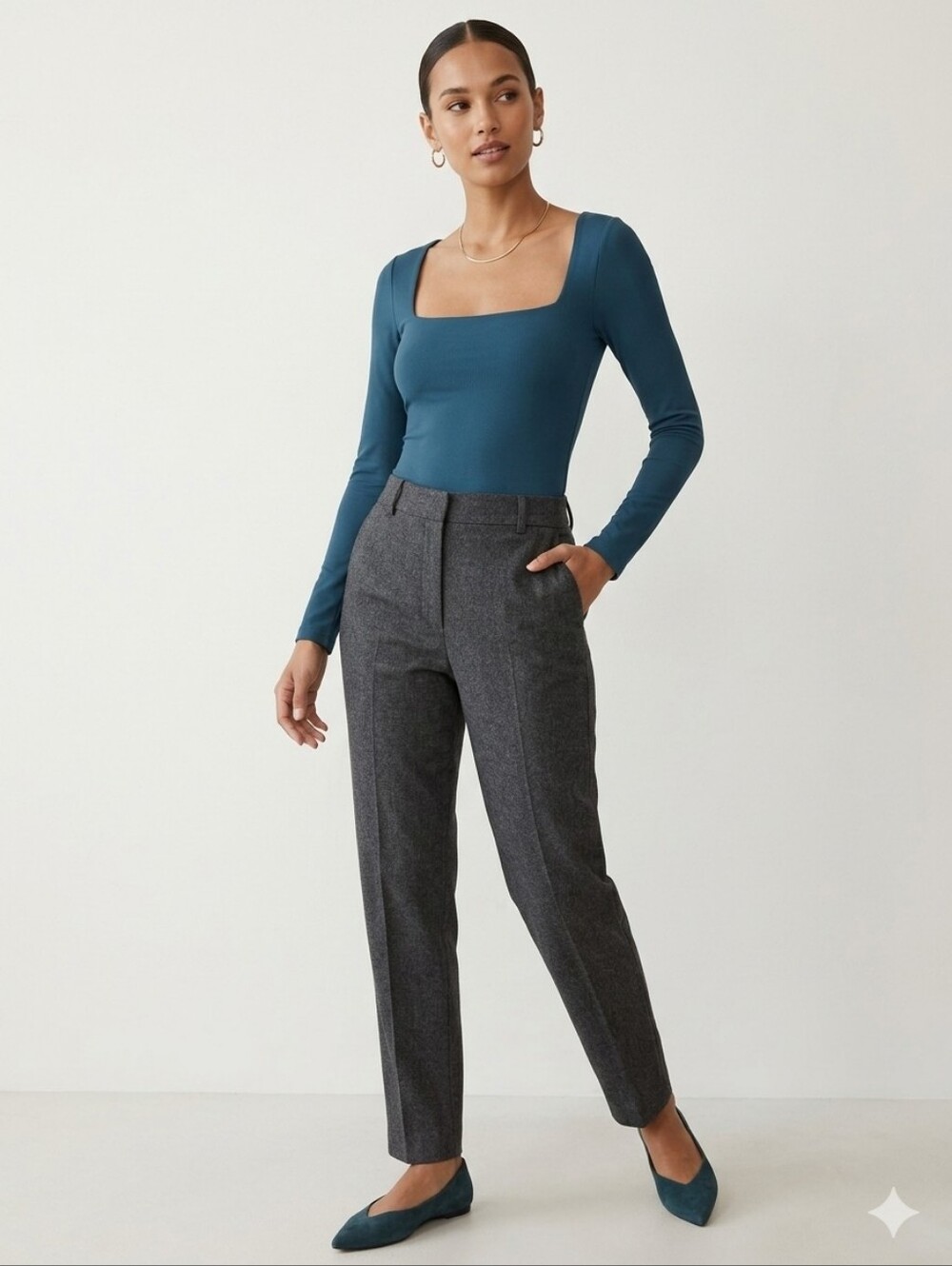Babaton Dark Teal Blue Square-Neck Long Sleeve Contour Bodysuit
